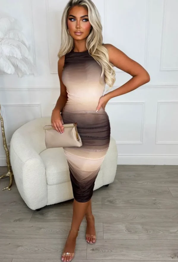 Women SOFT TOUCH Dresses<Mysterious Lover Brown Ombre Double Lined Stretch Ruched Midi Dress