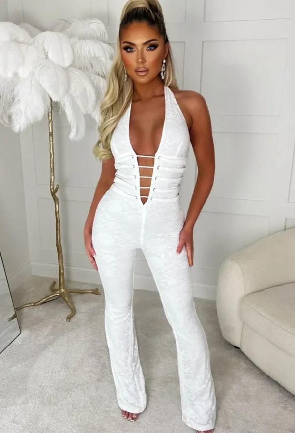 Women FP u0026 CO Jumpsuits<Mystic White Lace Halterneck Flared Tie Up Stretch Jumpsuit Limited Edition