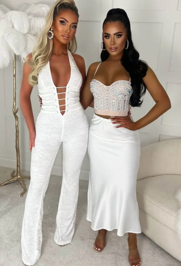 Women FP u0026 CO Jumpsuits<Mystic White Lace Halterneck Flared Tie Up Stretch Jumpsuit Limited Edition