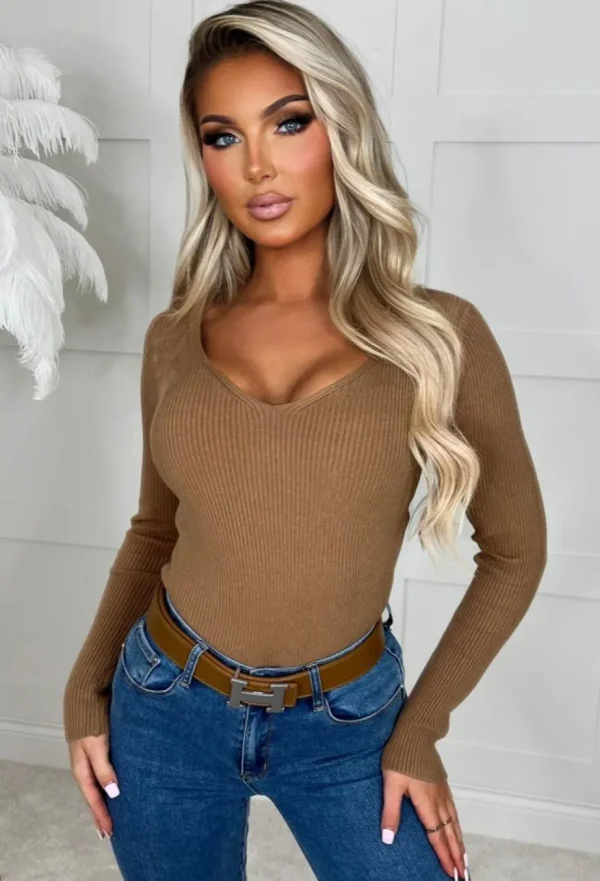 Women CC FASHION Tops<Not For You Tan Knit V Neck Jumper