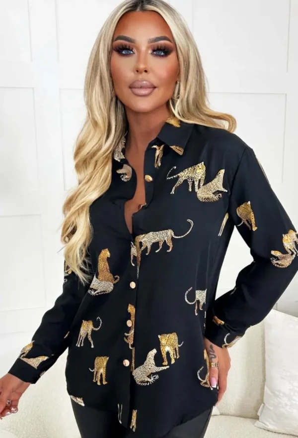 Women Z2 Tops<On Your Mind Black Leopard Print Gold Button Oversized Shirt