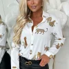 Women Z2 Tops<On Your Mind White Leopard Print Gold Button Oversized Shirt