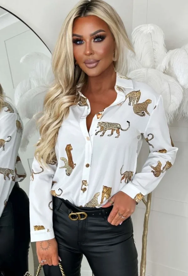 Women Z2 Tops<On Your Mind White Leopard Print Gold Button Oversized Shirt