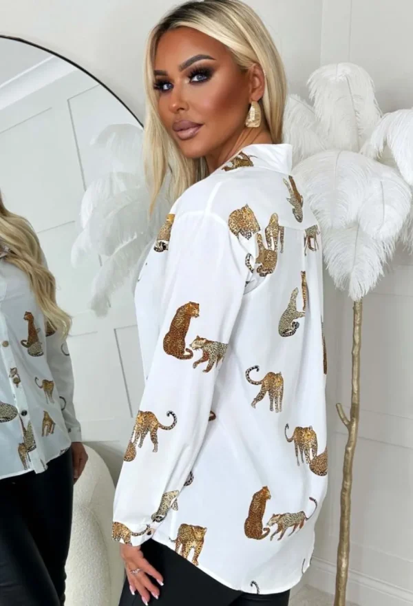 Women Z2 Tops<On Your Mind White Leopard Print Gold Button Oversized Shirt