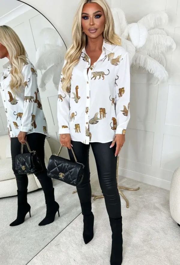 Women Z2 Tops<On Your Mind White Leopard Print Gold Button Oversized Shirt