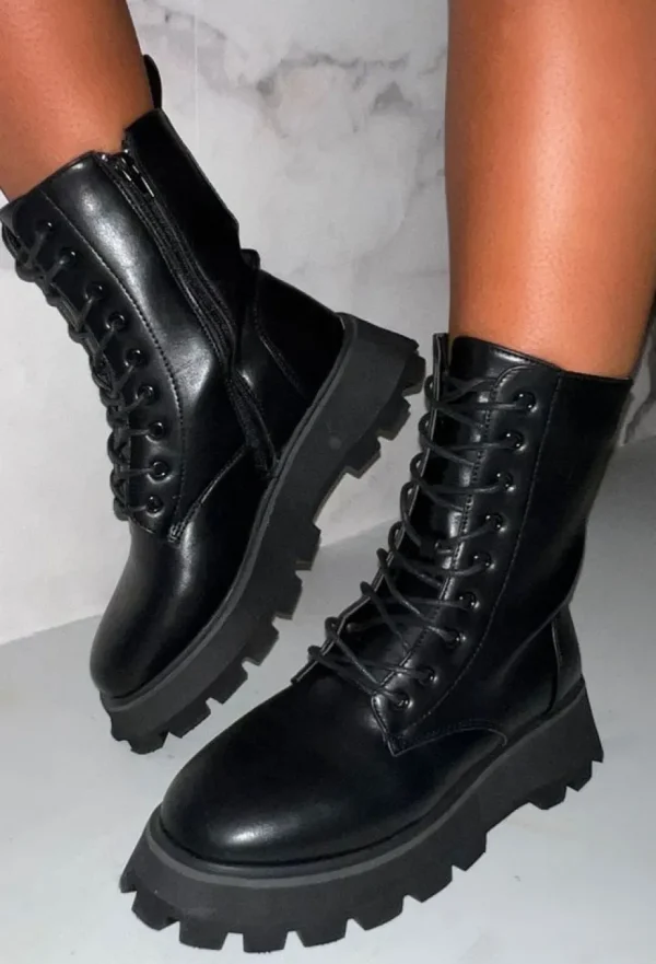 Women CITY SHOES Boots<One Call Away Black Chunky Wedge Lace Up Boot