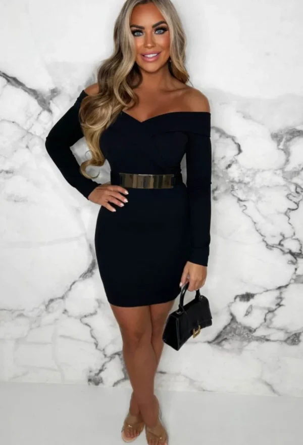 Women VJK Dresses<Out On The Town Black Bardot Belted Bodycon Mini Dress