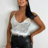 Women LEA MODE Tops<Over Him Silver Sequin Feather Trim Crop Top