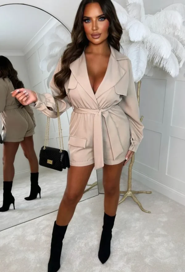 Women INSTA GIRL Jumpsuits<Over Too Soon Beige Mac Stretch Playsuit With Tie Belt