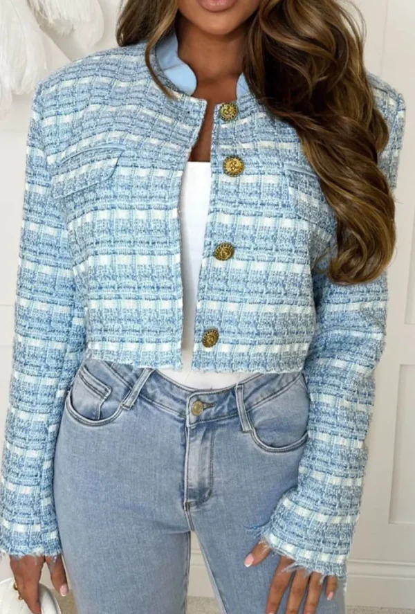 Women Babez Coats And Jackets<Parisian Illusion Light Blue Tweed Cropped Cut Off Jacket