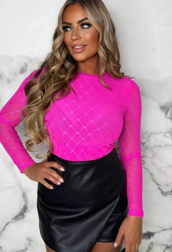 Women BY SWAN Bodysuits<Party Mood Hot Pink Mesh Bodysuit