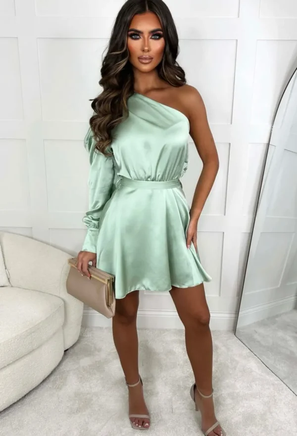 Women EIGHT PARIS Dresses<Pastel Perfection Mint Green Stretch Waist Satin One Sleeve Belted Mini Dress