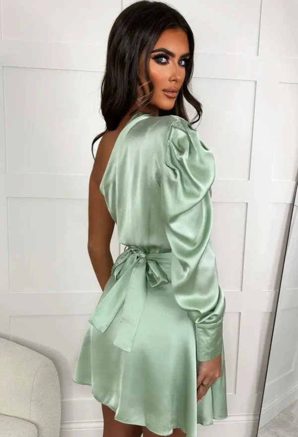 Women EIGHT PARIS Dresses<Pastel Perfection Mint Green Stretch Waist Satin One Sleeve Belted Mini Dress