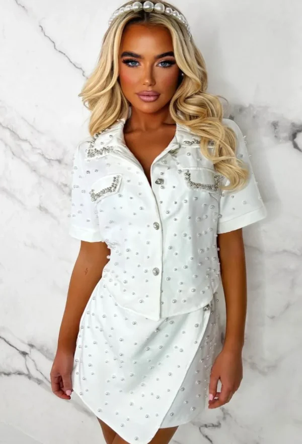 Women GIORGIA Co-Ords<Pearly Dream White Pearl Embellished Shirt & Mini Skirt Co-Ord Set Limited Edition