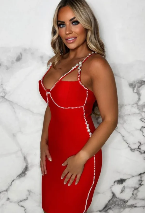 Women FP u0026 CO Bandage<Pearly Night Red Premium Pearl Embellished Stretch Bandage Dress