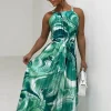 Women FLAM MODE Summer Dresses<Pleated Perfection Green Marble Print Pleated Tie Waist Dress