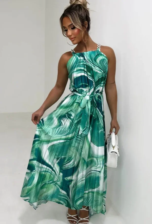 Women FLAM MODE Summer Dresses<Pleated Perfection Green Marble Print Pleated Tie Waist Dress