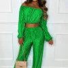 Women J5 FASHION Co-Ords<Plisse I'M Yours Green Super Stretch Bardot Plisse Co-Ord Set