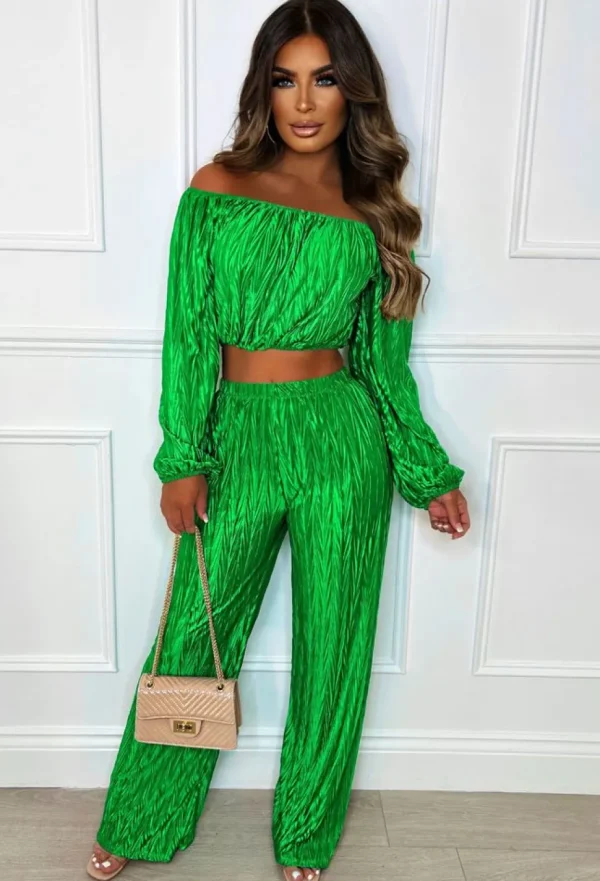 Women J5 FASHION Co-Ords<Plisse I'M Yours Green Super Stretch Bardot Plisse Co-Ord Set