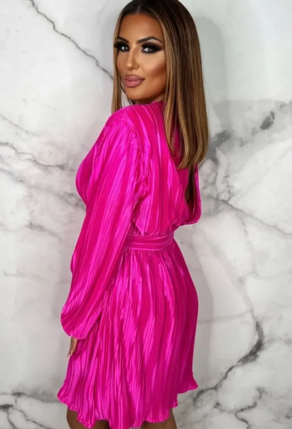 Women LUCCE Summer Dresses<Plisse Please Hot Pink Pleated Long Sleeve Wrap Belted Mini Dress