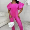 Women LEA MODE Co-Ords<Plisse You'Re Mine Pink Frill Sleeve Plisse Trouser Co-Ord Set