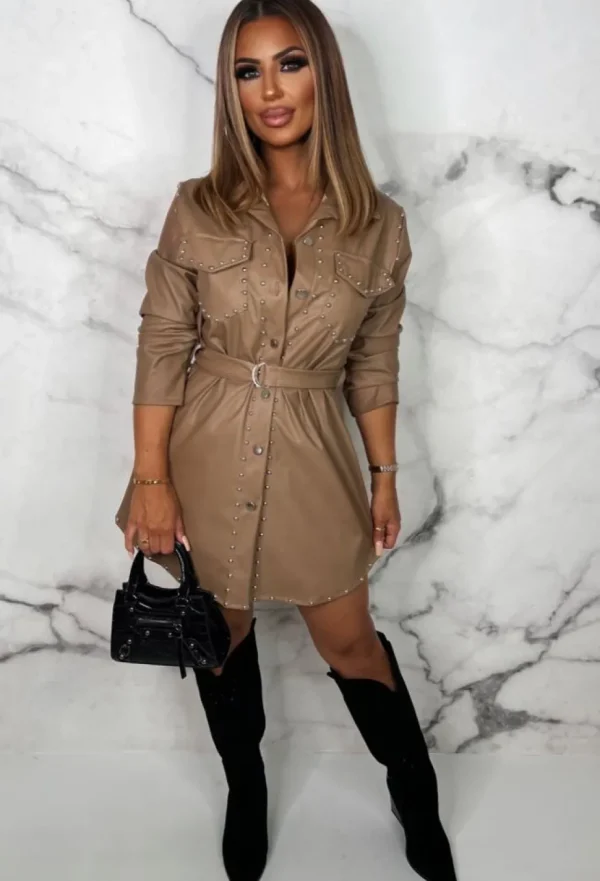 Women J5 FASHION Dresses<Prescilla Nude Studded Belted Faux Leather Mini Shirt Dress