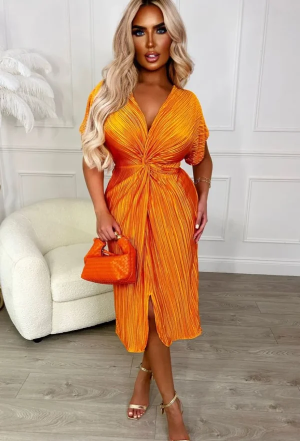 Women BABEZ Summer Dresses<Pretty In Plisse Orange Plisse Knot Midi Dress