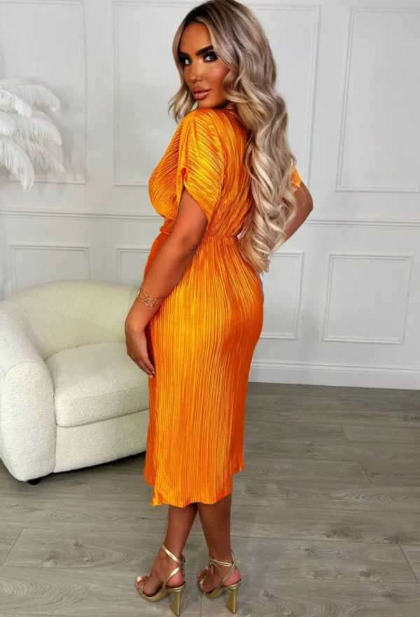 Women BABEZ Summer Dresses<Pretty In Plisse Orange Plisse Knot Midi Dress