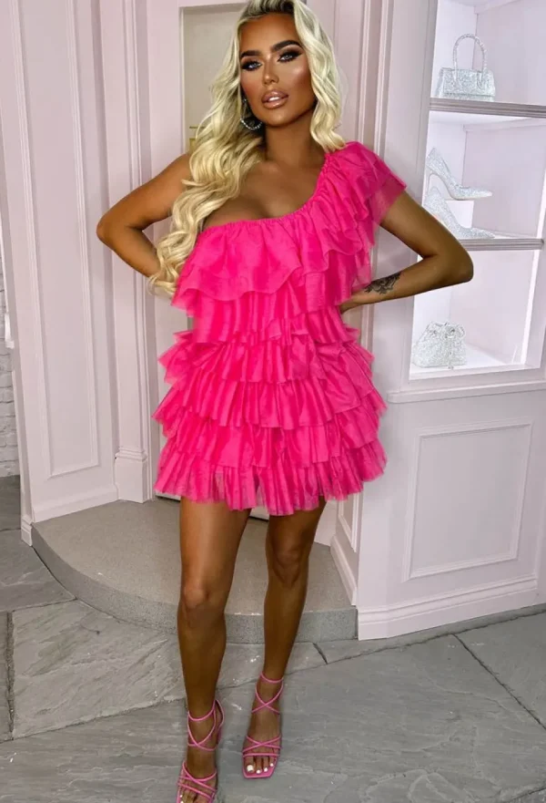 Women By May Dresses<Princess Vibe Hot Pink Tulle Mesh One Shoulder Mini Dress