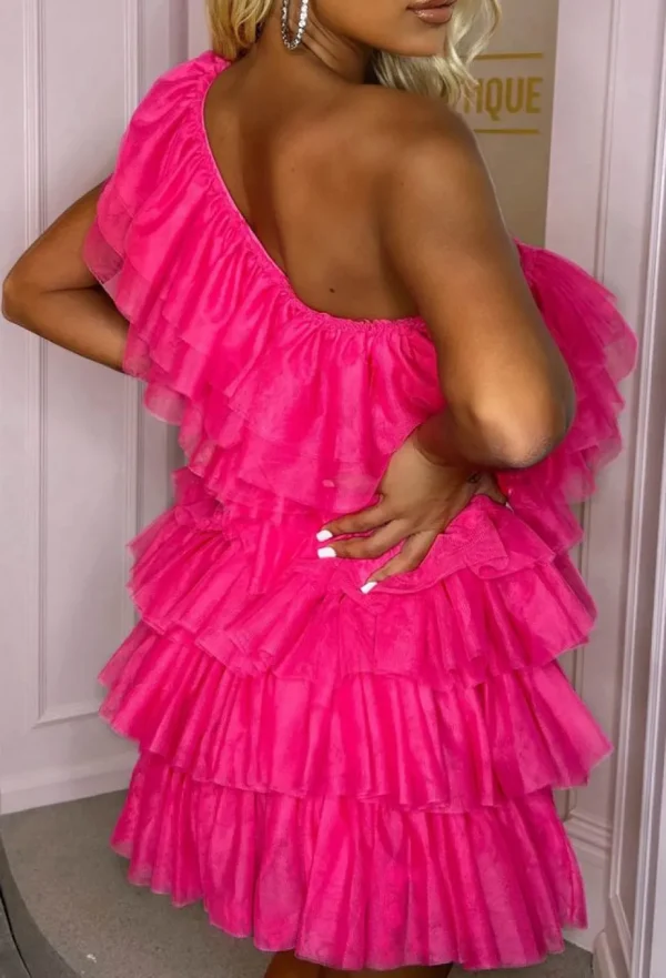 Women By May Dresses<Princess Vibe Hot Pink Tulle Mesh One Shoulder Mini Dress