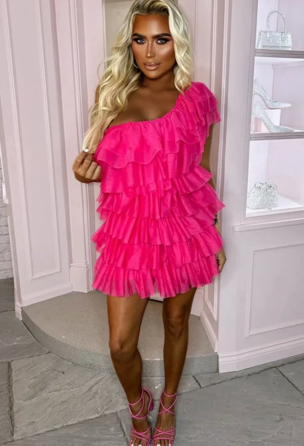 Women By May Dresses<Princess Vibe Hot Pink Tulle Mesh One Shoulder Mini Dress