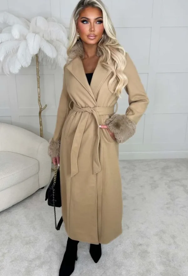 Women CHERRY KOKO Coats And Jackets<Pure Destiny Camel Faux Fur Trimmed Belted Coat