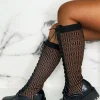 Women IDEAL SHOES Boots<Quite Obsessed Black Knitted Geometric Lace Up Knee High Boots