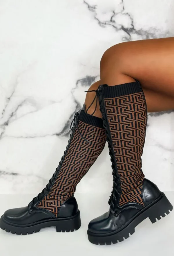 Women IDEAL SHOES Boots<Quite Obsessed Black Knitted Geometric Lace Up Knee High Boots