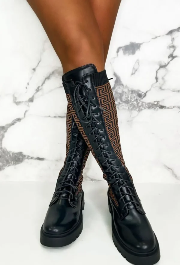 Women IDEAL SHOES Boots<Quite Obsessed Black Knitted Geometric Lace Up Knee High Boots