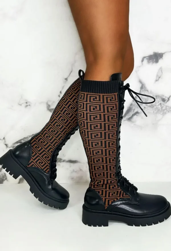 Women IDEAL SHOES Boots<Quite Obsessed Black Knitted Geometric Lace Up Knee High Boots