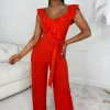 Women SOFT TOUCH Jumpsuits<Radiant Senorita Orange Wrap Over Ruffle Wide Leg Belted Jumpsuit