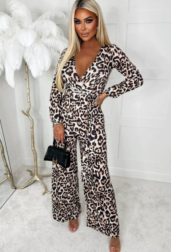 Women SOFT TOUCH Jumpsuits<Rebel Radiance Leopard Wrap Over Long Sleeve Wide Leg Belted Jumpsuit