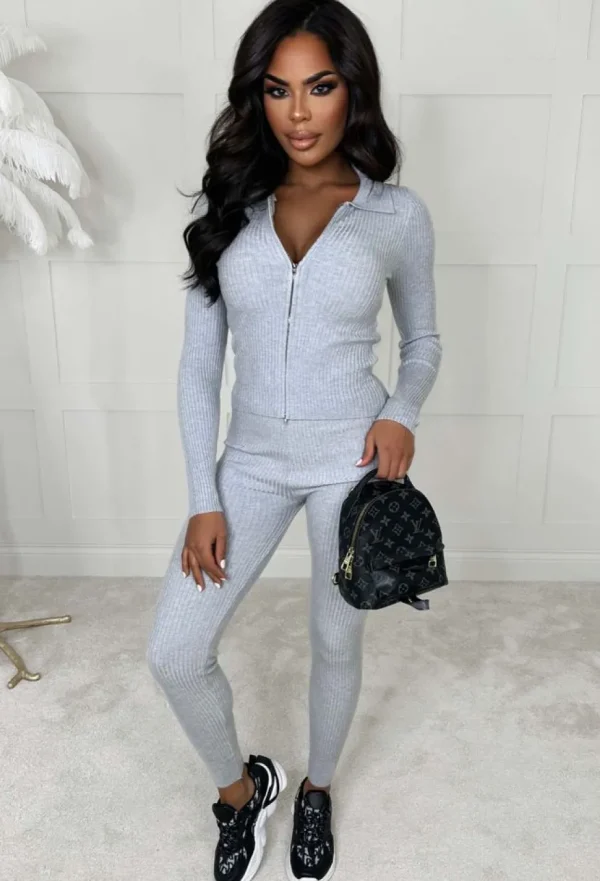 Women L8 VANESSA NUCCI Loungewear<Relaxed Luxe Grey Two Piece Knitted Rib Zip Loungewear Set