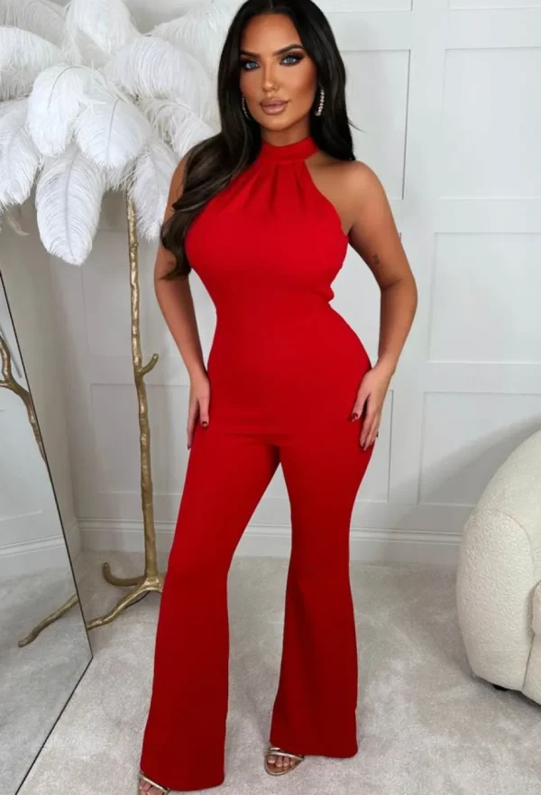 Women CITY GODDESS Jumpsuits<Risk It All Red Halterneck Open Back Flared Jumpsuit