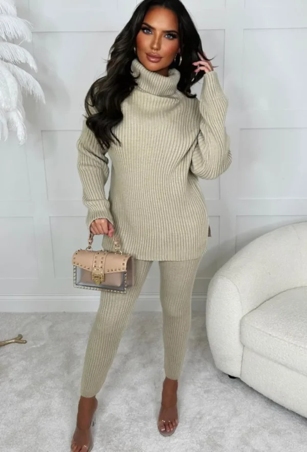 Women STYLEWISE Gifts<Roll Into Love Beige Chunky Ribbed Roll Neck Knitted Loungewear Co Ord Set