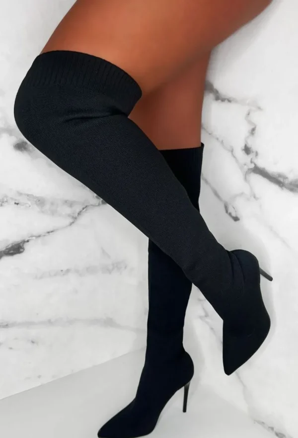 Women IDEAL SHOES Boots<Roxxie Black Stretch Knit Over The Knee Boots