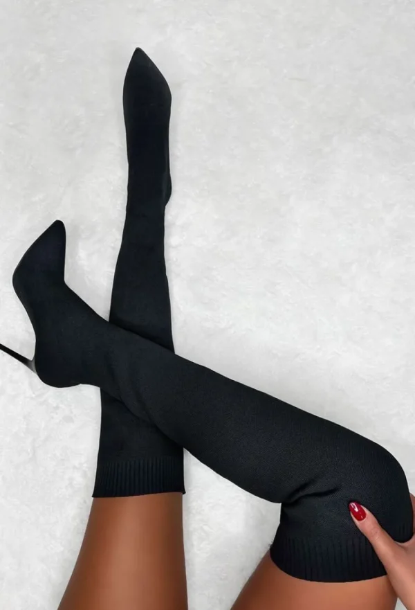 Women IDEAL SHOES Boots<Roxxie Black Stretch Knit Over The Knee Boots