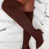 Women IDEAL SHOES Boots<Roxxie Chocolate Brown Stretch Knit Over The Knee Boots