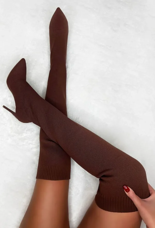 Women IDEAL SHOES Boots<Roxxie Chocolate Brown Stretch Knit Over The Knee Boots