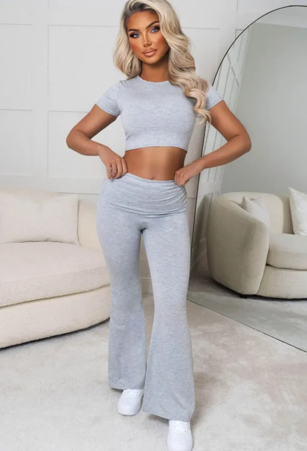 Women EDGE Loungewear<Ruched To You Grey Marl Ruched Flared Loungewear Two Piece Set