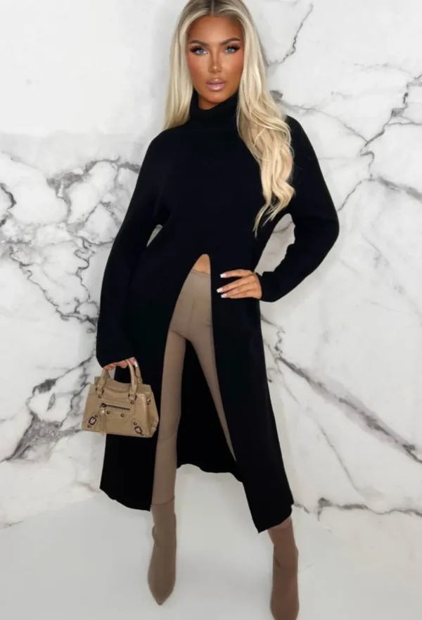 Women INSTA GIRL Tops<Rules Of Love Black Super Soft Roll Neck Front Slit Jumper