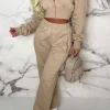 Women STYLEWISE Loungewear<San Fran Dreaming Beige Embroided Cropped Baseball Collar Two Piece Loungewear Set