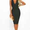 Women MOGULAND Bandage<Sassy And Sweet Black Cross Strap Bandage Midi Dress