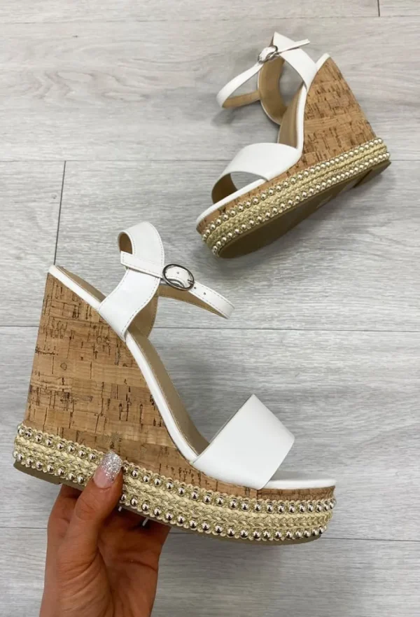 Women PINK BOUTIQUE UK High Heels<Senorita White Cork Studded Wedges